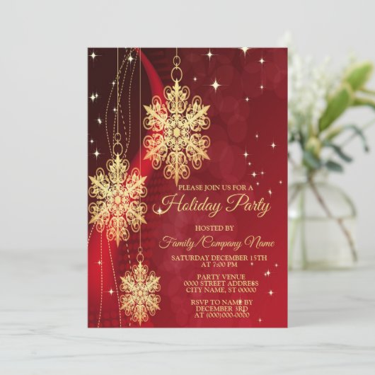 Kerstfeest Rood Golden Snowflakes Holiday Kaart (Staand voorkant)
