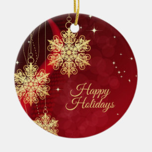 Kerstfeest Rood Golden Snowflakes Holiday Keramisch Ornament