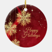 Kerstfeest Rood Golden Snowflakes Holiday Keramisch Ornament (Achterkant)