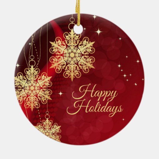 Kerstfeest Rood Golden Snowflakes Holiday Keramisch Ornament (Achterkant)