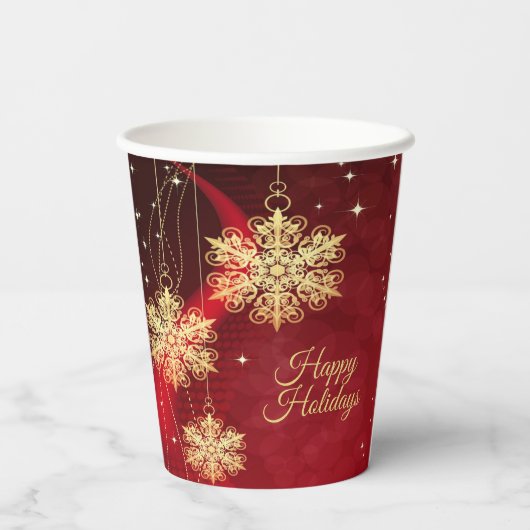 Kerstfeest Rood Golden Snowflakes Holiday Papieren Bekers (Achterkant)