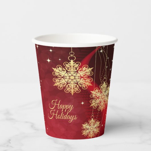 Kerstfeest Rood Golden Snowflakes Holiday Papieren Bekers (Voorkant)