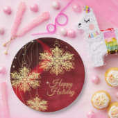 Kerstfeest Rood Golden Snowflakes Holiday Papieren Bordje (Feest)