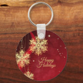 Kerstfeest Rood Golden Snowflakes Holiday Sleutelhanger (Voorkant)