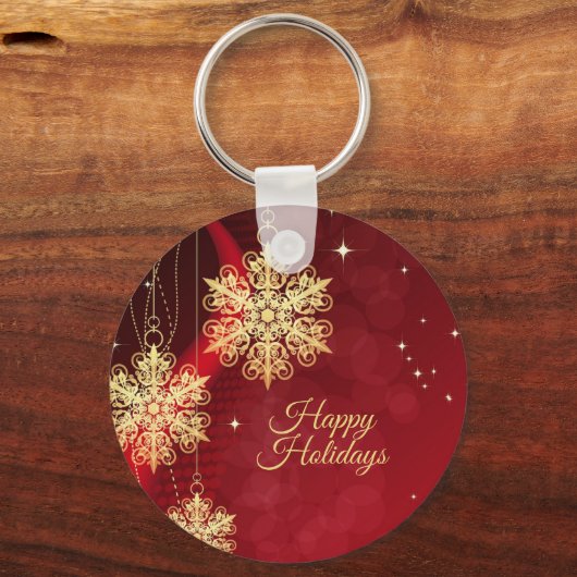 Kerstfeest Rood Golden Snowflakes Holiday Sleutelhanger (Voorkant)