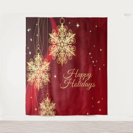 Kerstfeest Rood Golden Snowflakes Holiday Wandkleed (Voorkant)