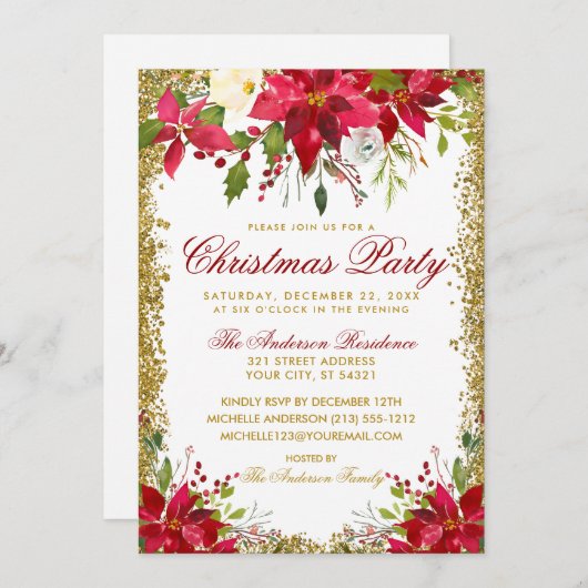 Kerstfeest Rood Goud Glitter Poinsettia Bloemstuk Kaart (Voorkant / Achterkant)