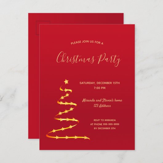 Kerstfeest rood goud moderne boomuitnodiging briefkaart (Voorkant / Achterkant)