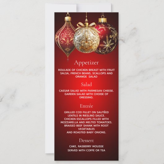 Kerstfeest rood gouden kerstballen dinerkaart kaart (Voorkant)
