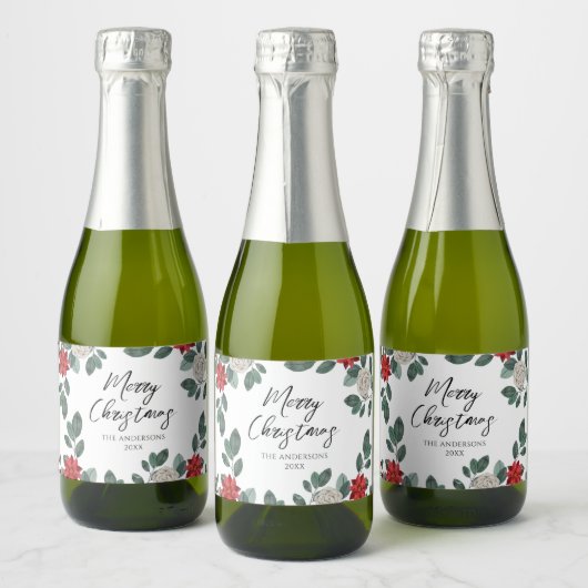 Kerstfeest Rood Groen Bloemstuk Sparkling Wijnetiket (Flessen)