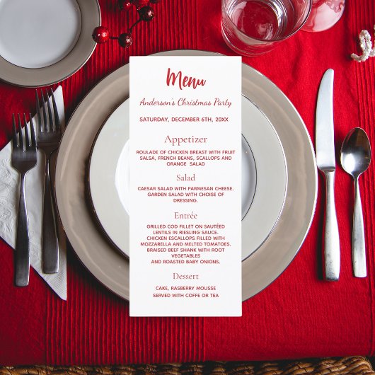 Kerstfeest rood wit diner menu kaart