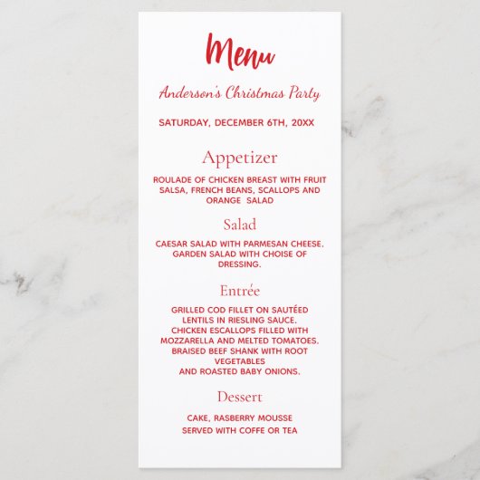 Kerstfeest rood wit dinerkaart menu (Voorkant)