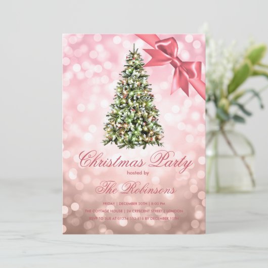 Kerstfeest Roos Gouden Xmas Tree Lights Ribbon Kaart (Staand voorkant)