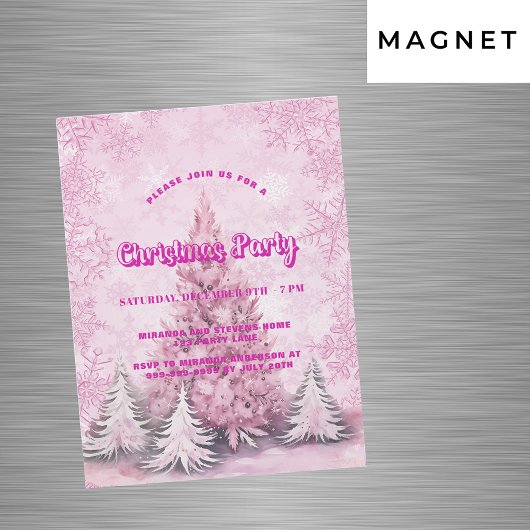 Kerstfeest roze boom sneeuwvlokken luxe magnetische uitnodiging