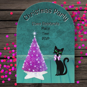 Kerstfeest Roze Boom Zwarte Kat Teal Kamer Acryl Uitnodigingen