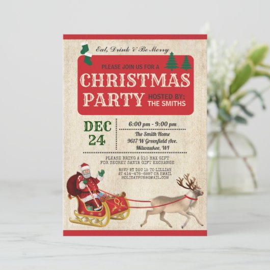 Kerstfeest Santa Sleigh uitnodiging (Staand voorkant)