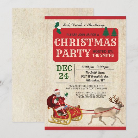 Kerstfeest Santa Sleigh uitnodiging (Voorkant / Achterkant)