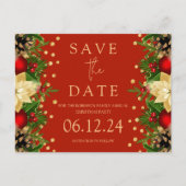 Kerstfeest Save De Datum Goud Bloemen Rood Aankondigingskaart (Voorkant)