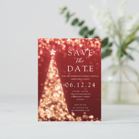 Kerstfeest Save The Date Gouden Boom Glam Rood Aankondigingskaart (Staand voorkant)