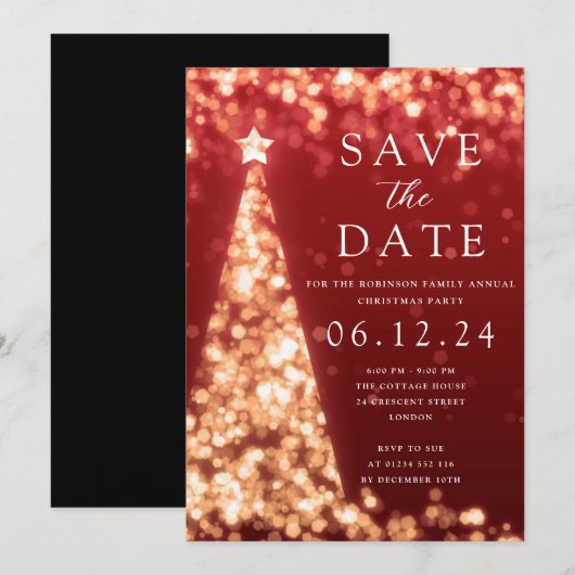 Kerstfeest Save The Date Gouden Boom Glam Rood Kaart (Voorkant / Achterkant)