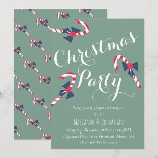 Kerstfeest Script Candy Cane Vintage Uitnodiging (Voorkant / Achterkant)