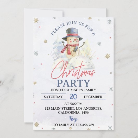 Kerstfeest Sneeuwman uitnodiging (Voorkant)
