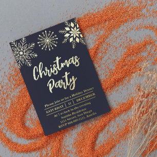 Kerstfeest sneeuwvlok Goud Blauw Modern Folie Uitnodiging