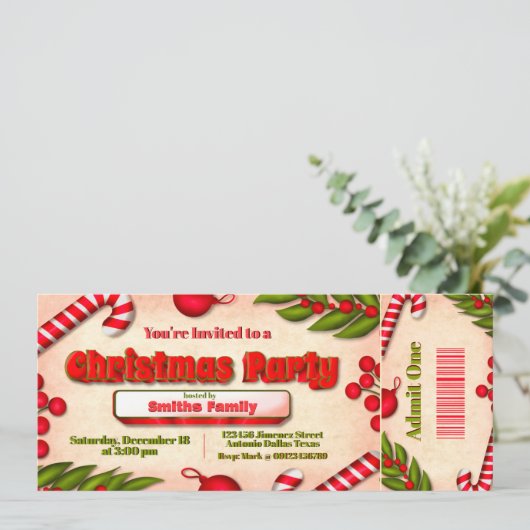 Kerstfeest Ticket  Kaart (Staand voorkant)