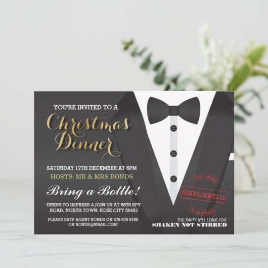 Kerstfeest Tuxedo Bow Stropdas Ball Diner Uitnodig Kaart (Staand voorkant)