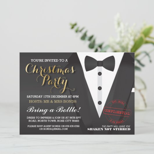 Kerstfeest Tuxedo Bow Stropdas Ball Dinner Invite Kaart (Staand voorkant)