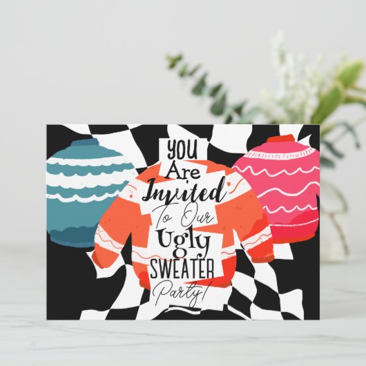 Kerstfeest Ugly Sweater Party Kaart (Staand voorkant)