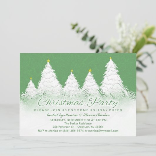 Kerstfeest Uitnodigen - Groen met Witte Bomen Kaart (Staand voorkant)