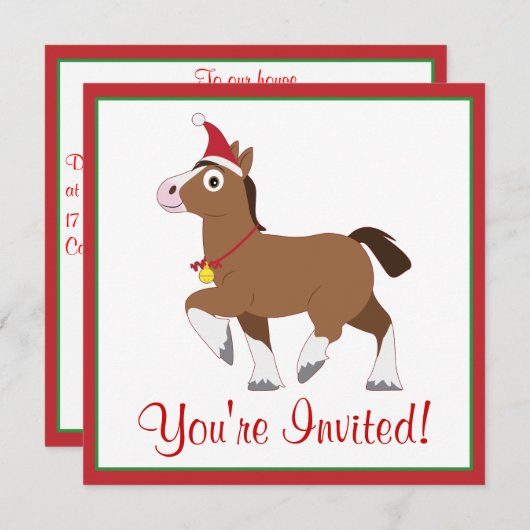 Kerstfeest Uitnodigen met paard in Santa Hat Kaart (Voorkant / Achterkant)