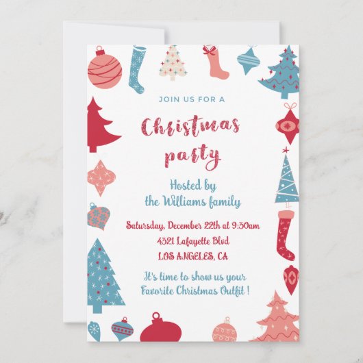 Kerstfeest Uitnodiging Cute Roze en Blauw (Voorkant)