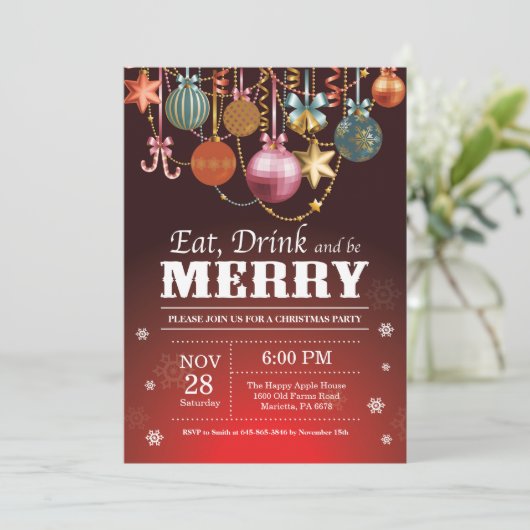 Kerstfeest Uitnodiging Eet Drink Vrolijk (Staand voorkant)