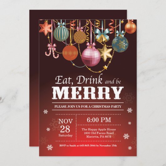Kerstfeest Uitnodiging Eet Drink Vrolijk (Voorkant / Achterkant)