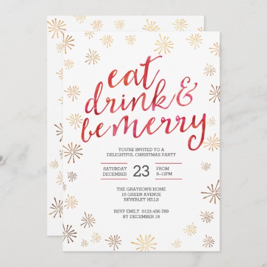 Kerstfeest uitnodiging | Eet drink wees vrolijk (Voorkant / Achterkant)