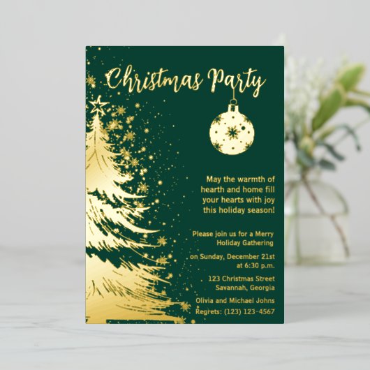 Kerstfeest Uitnodiging Groen en goud (Staand Voorkant)