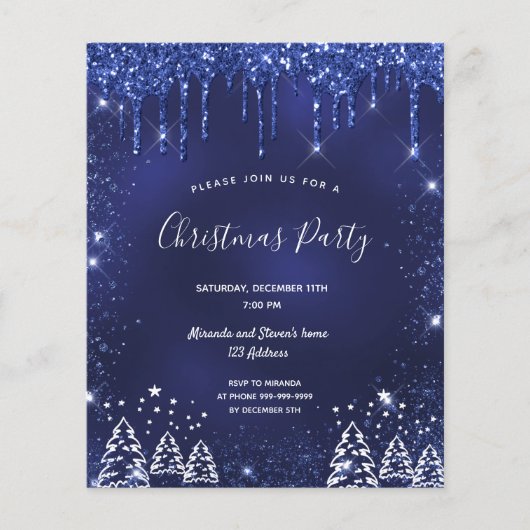 Kerstfeest uitnodiging met blauwe glitters (Voorkant)
