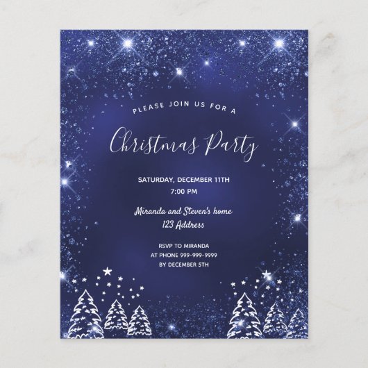 Kerstfeest uitnodiging met blauwe glitters voor ee (Voorkant)