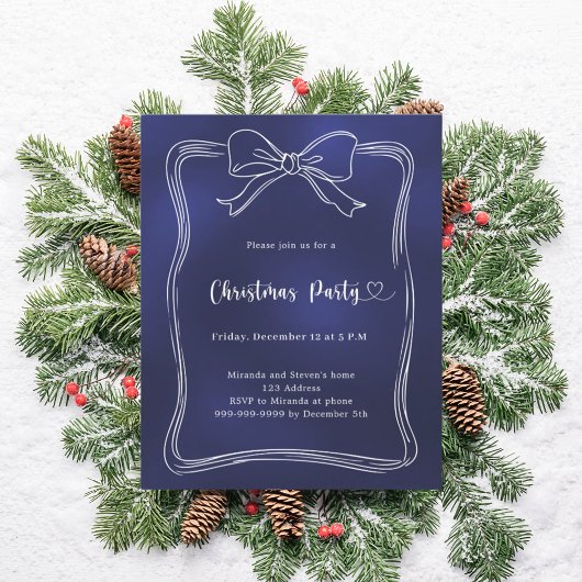 Kerstfeest uitnodiging met blauwe strik