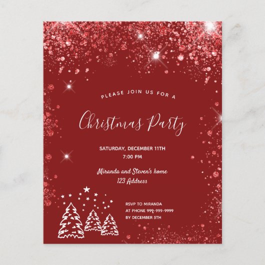 Kerstfeest uitnodiging met goedkoop rood glitterst (Voorkant)