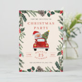 Kerstfeest uitnodiging met Kerstman in auto (Staand voorkant)