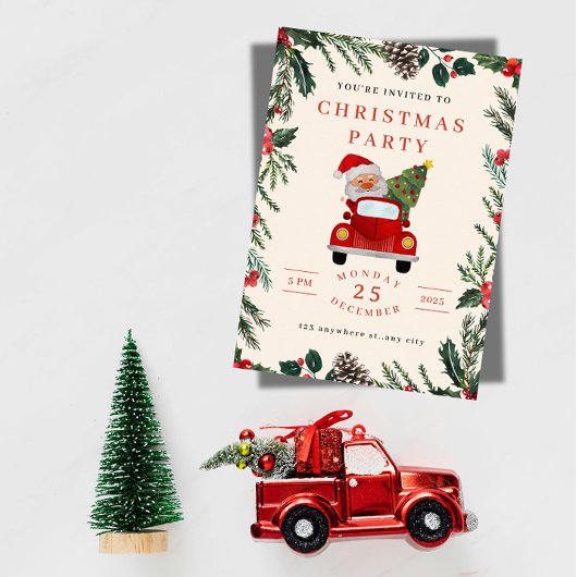 Kerstfeest uitnodiging met Kerstman in auto