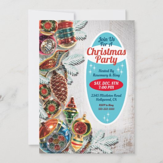 Kerstfeest Uitnodiging met Vintage Ornamenten (Voorkant)