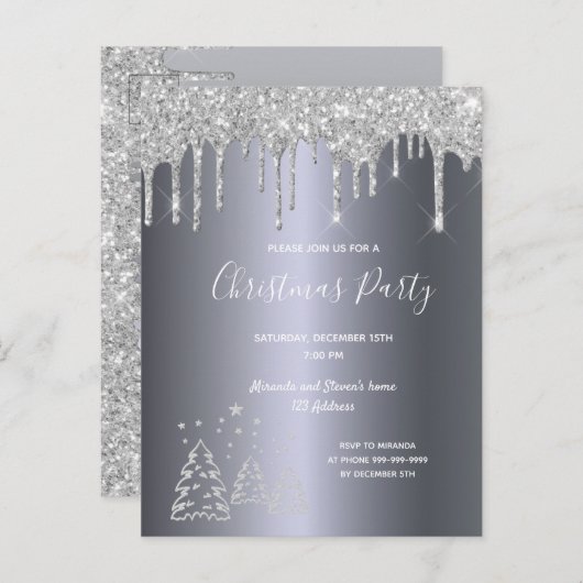 Kerstfeest uitnodiging met zilver glinsterende bom (Voorkant / Achterkant)