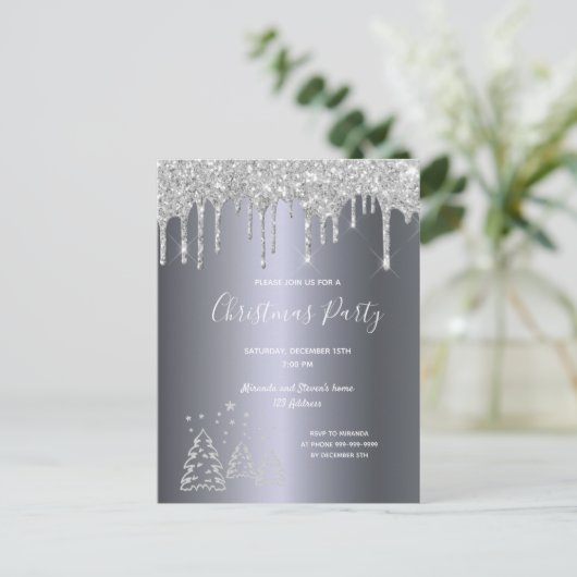 Kerstfeest uitnodiging met zilver glinsterende bom (Staand voorkant)