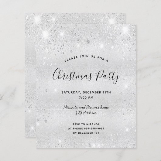 Kerstfeest uitnodiging met zilveren glitters op ee (Voorkant / Achterkant)