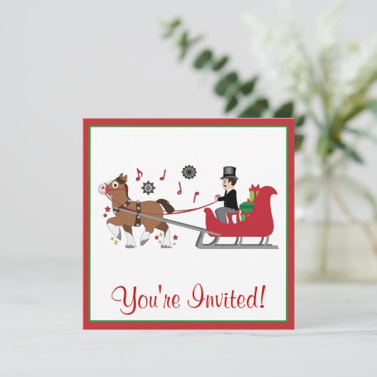 Kerstfeest Uitnodiging Paard-en-Slee (Staand voorkant)