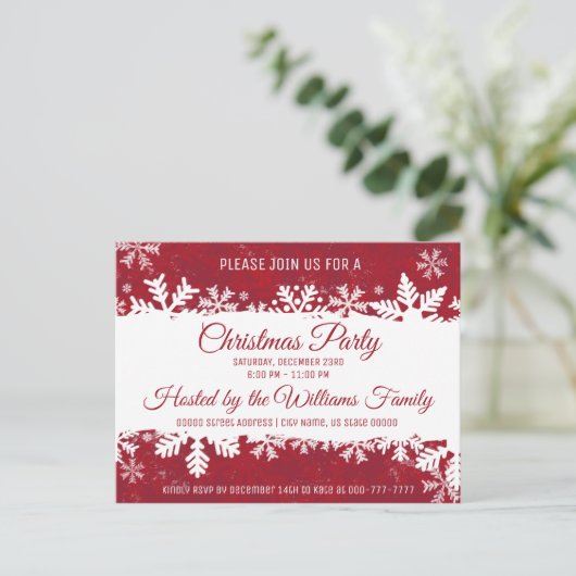 Kerstfeest Uitnodiging Red Rustic Snowflake (Staand voorkant)